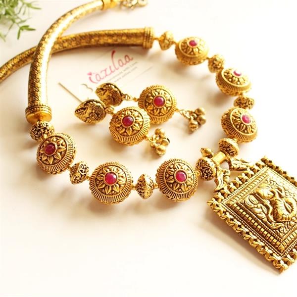 Royal Maroon antique Gold Statement handmade necklace set at ?4950 | Azilaa