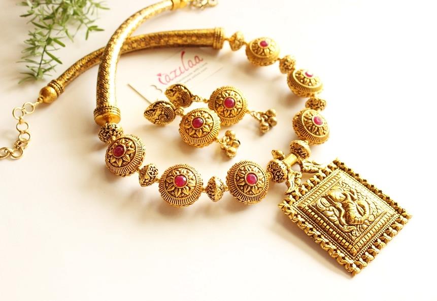 Royal Maroon antique Gold Statement handmade necklace set at ?4950 | Azilaa