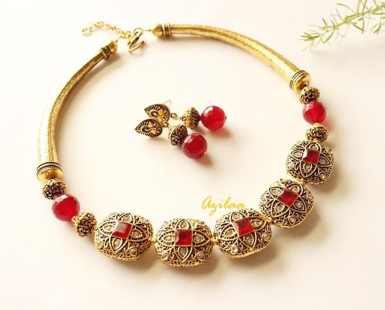 Designer maroon necklace earrings, Antique gold necklace
