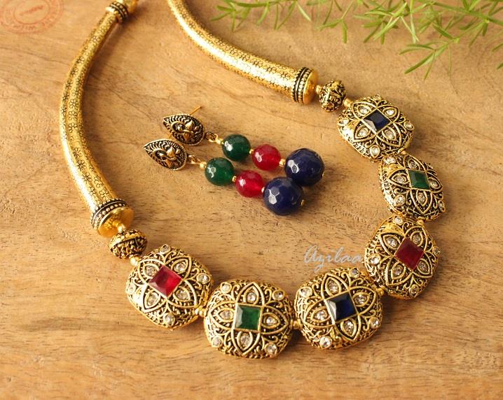 Statement necklace and earring set, Antique gold beads necklace at ...