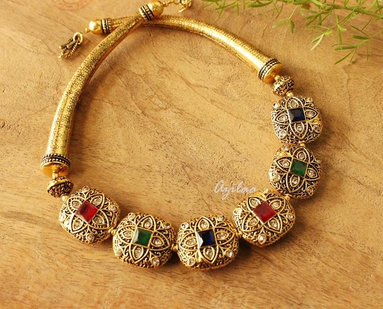 Statement necklace and earring set, Antique gold beads necklace