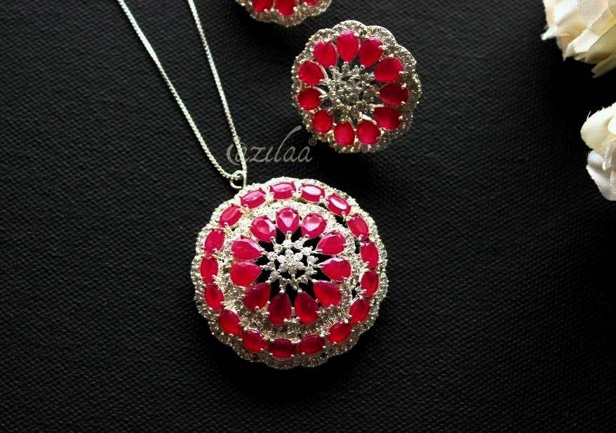 Ruby pink CZ studded pendant silver necklace earrings set