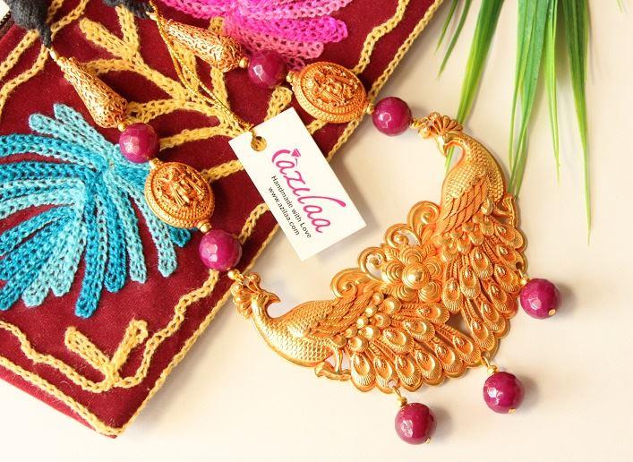 Ruby pink Golden peacock Statement handmade necklace set