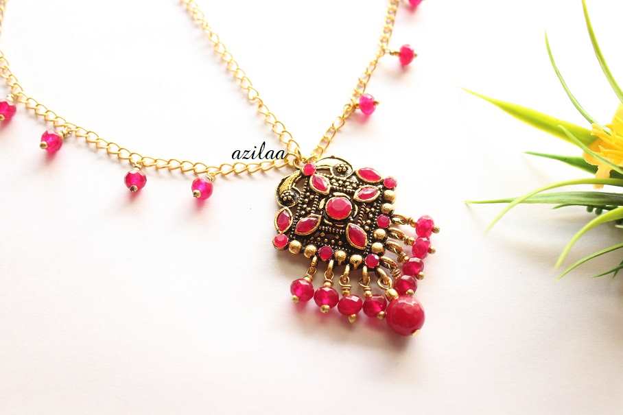 Ruby pink antique gold tone maang tikka