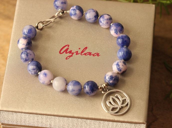 Lotus charm blue gemstone beaded handmade bracelet