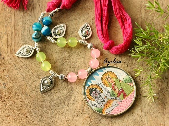 Shiva Parvati Bright colorful gemstone handmade necklace