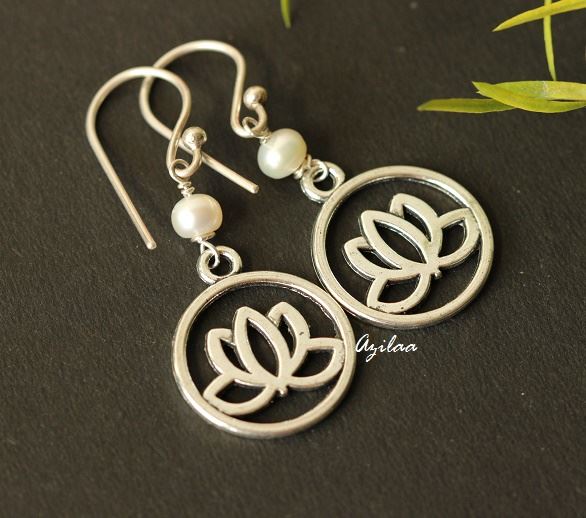 Silver  lotus Flower charm pearl earrings
