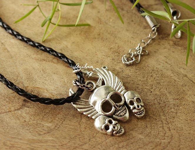 Skull punk silver cros charm pendant with cord unisex necklace 