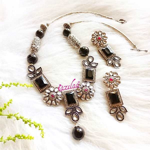 Statement black onyx gemstone beaded necklace set at ₹4550 Azilaa
