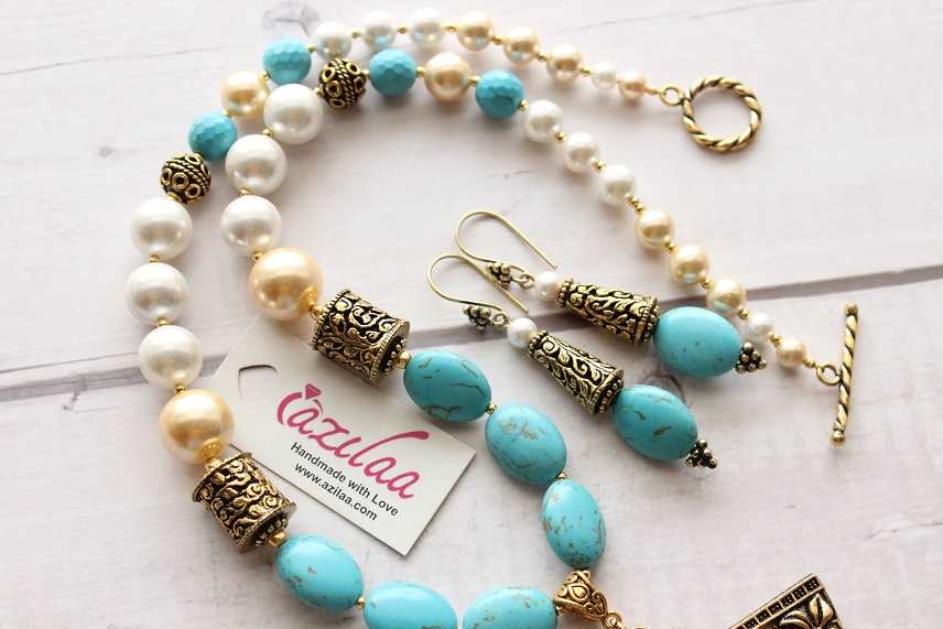 Statement Antique style turquoise pearl necklace earrings