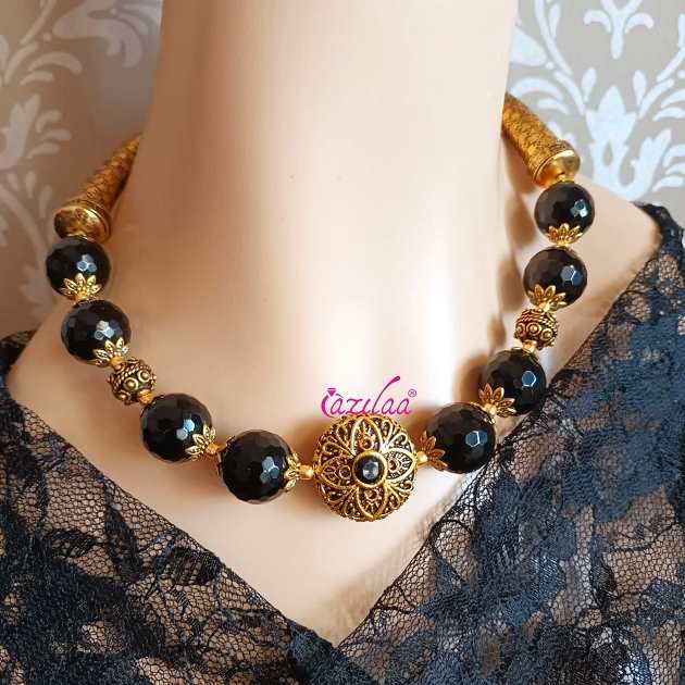 Statement Black gemstone antique gold tone necklace earrings set