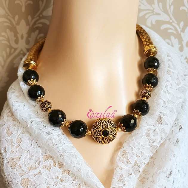 Statement Black gemstone antique gold tone necklace earrings set