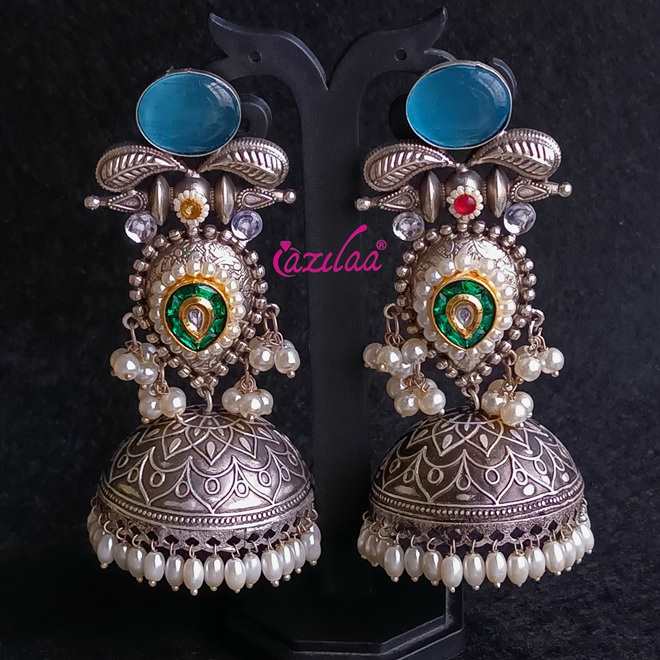 Statement Blue antique silver Dual Tone jhumka