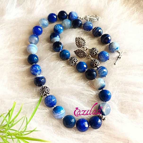 Statement Blue beaded gemstone pendant necklace set