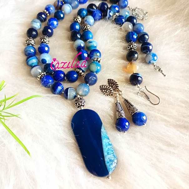 Statement Blue beaded gemstone pendant necklace set