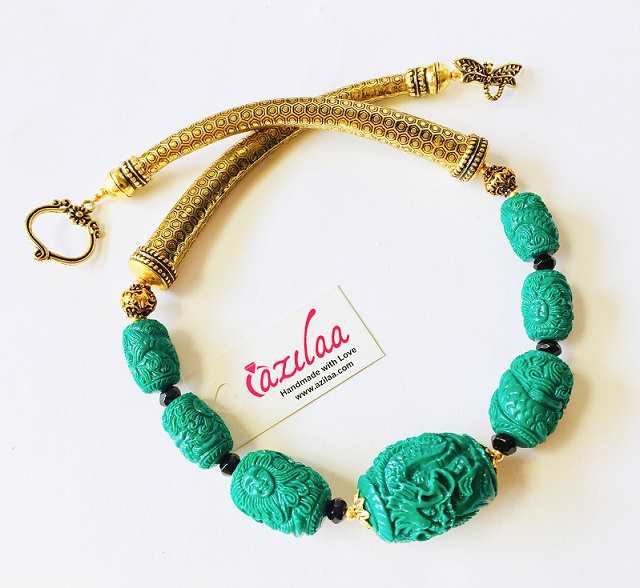 Statement Carved beaded Green designer necklace set 