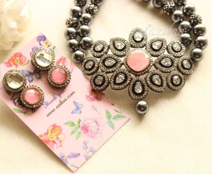 Statement Designer grey pearl choker CZ necklace set