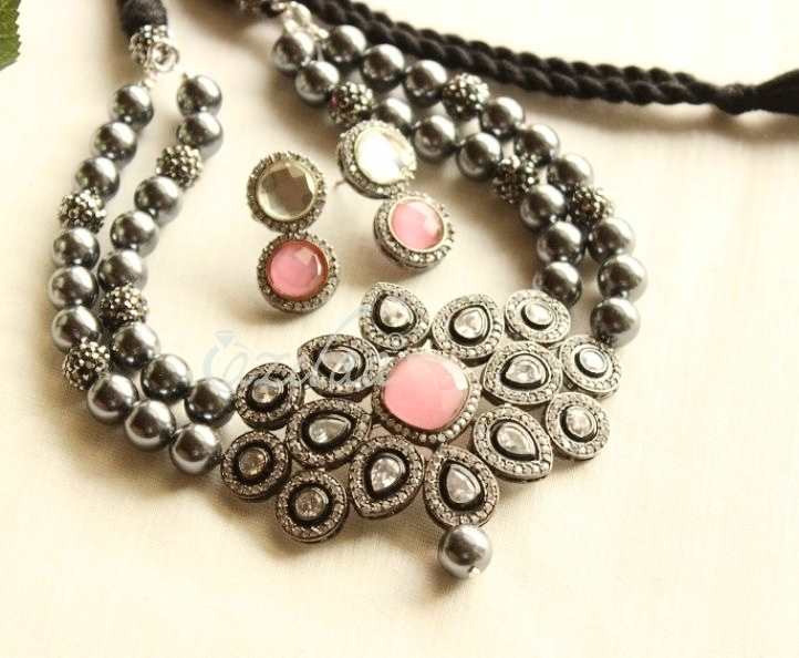 Statement Designer grey pearl choker CZ necklace set