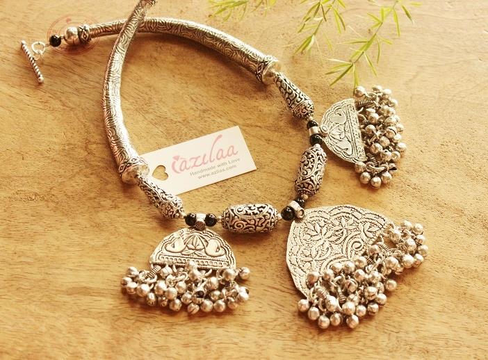 Statement Ethnic silver tone handmade designer necklace set