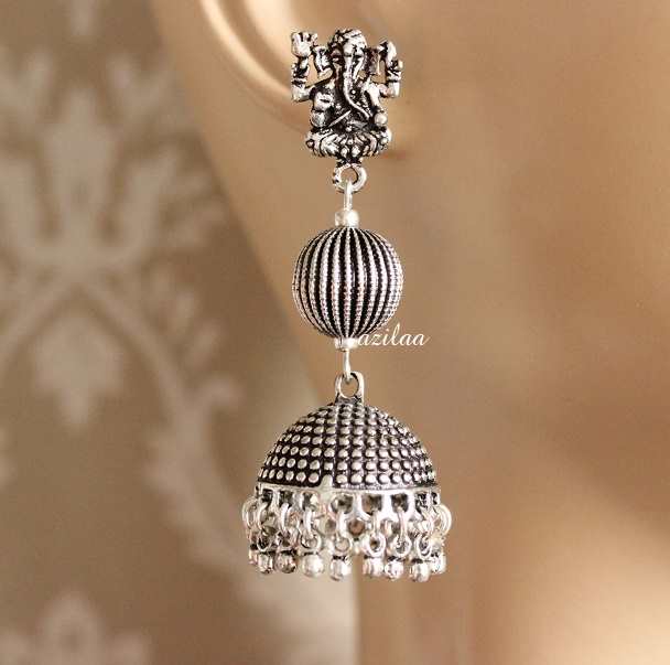 Statement Ganesha tassel antique silver plated earrings
