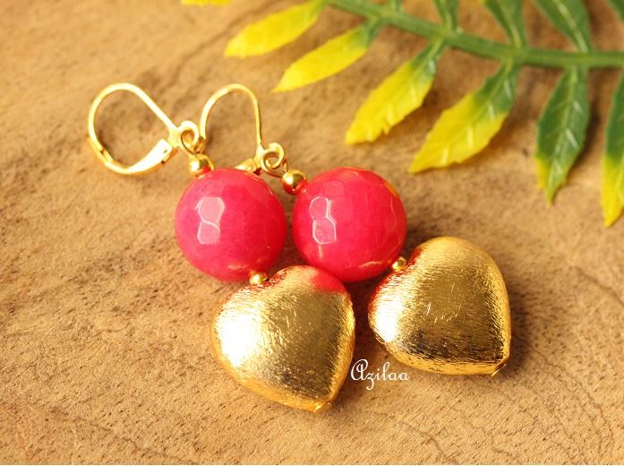 Statement Goldern hearts beaded Pink handmade necklace earrings 