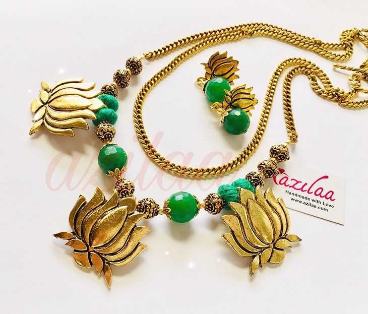 Statement Layered lotus designer handmade necklace earring set