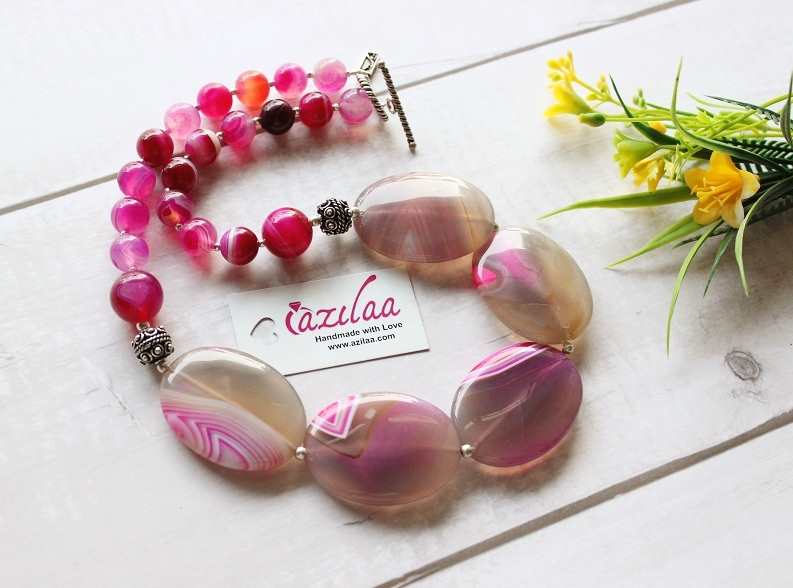 Statement OOAK oval agate gemstone beaded necklace set 