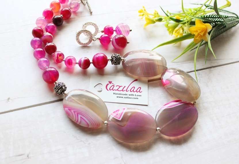 Statement OOAK oval agate gemstone beaded necklace set 