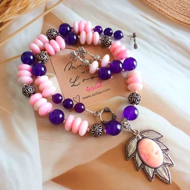 Statement Pink Purple gemstone necklace earrings set