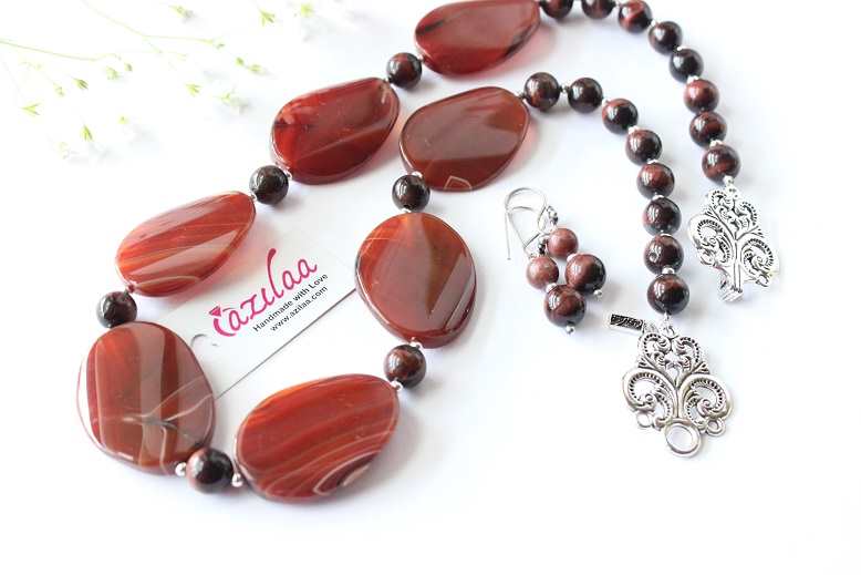 Statement RED agate tiger eye designer gemstone beaded necklace 