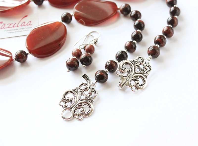 Statement RED agate tiger eye designer gemstone beaded necklace 