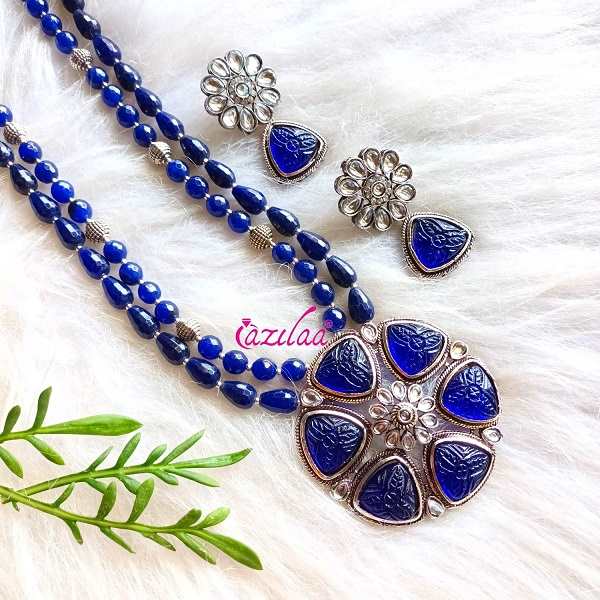 Statement ROYAL BLUE gemstone beaded necklace set at ₹4950 Azilaa