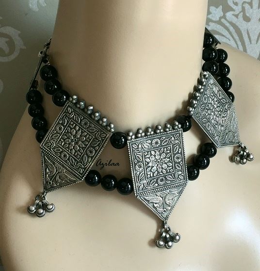 Statement Tribal Artisan handmade sterling silver black onyx Necklace