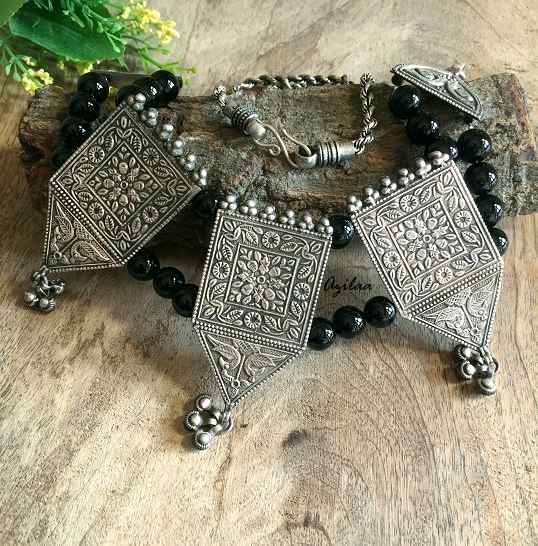 Statement Tribal Artisan handmade sterling silver black onyx Necklace