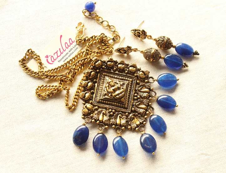 Blue antique golden goddess pendant necklace earrings set