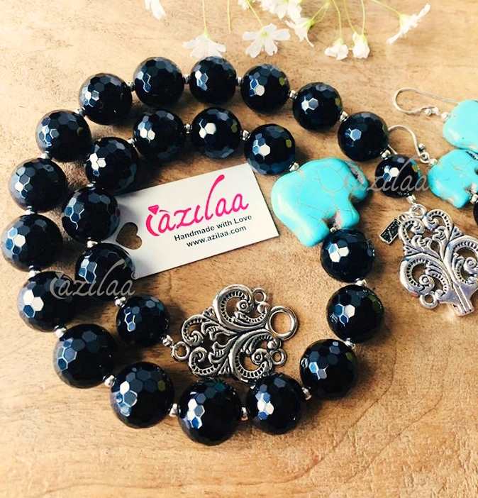 Statement black beaded elephant gemstone necklace