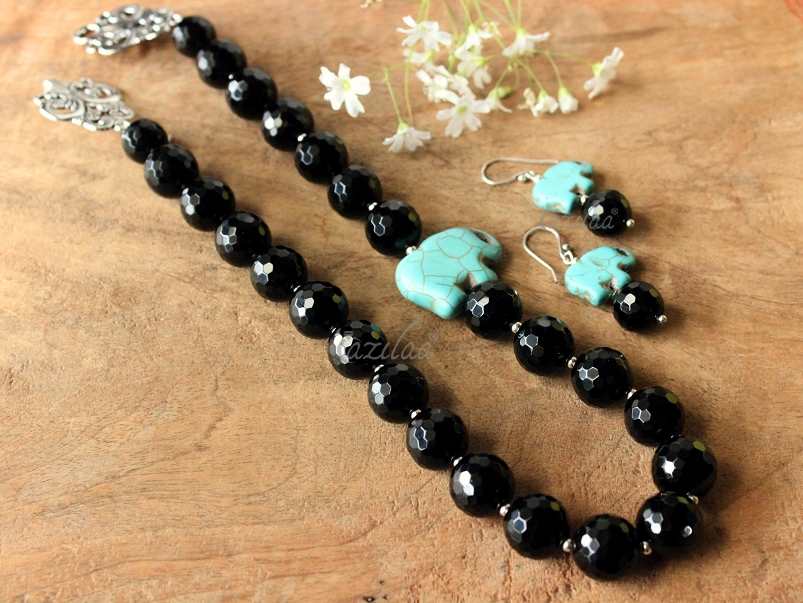Statement black beaded elephant gemstone necklace