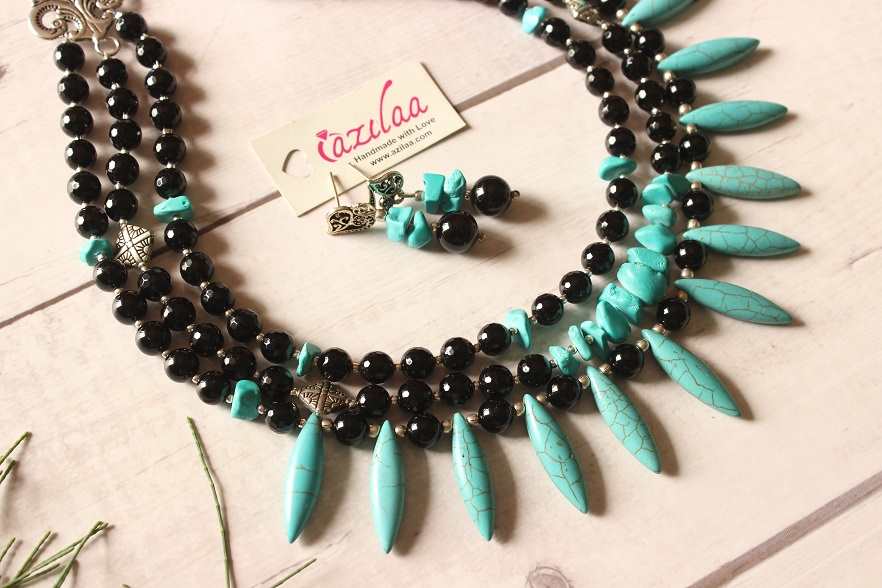 Statement black onyx turquoise blue beaded necklace earrings set
