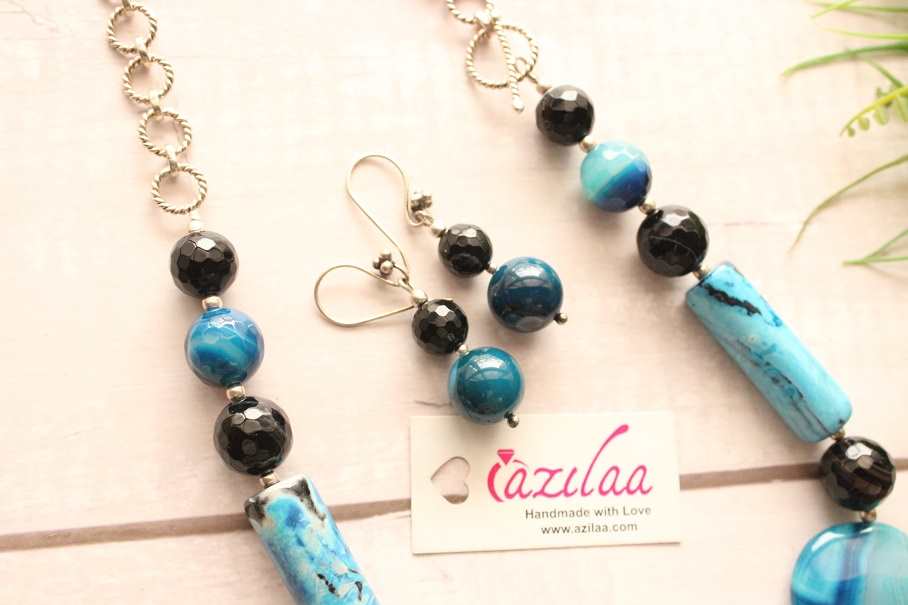 Statement blue disk gemstone handmade silver necklace set