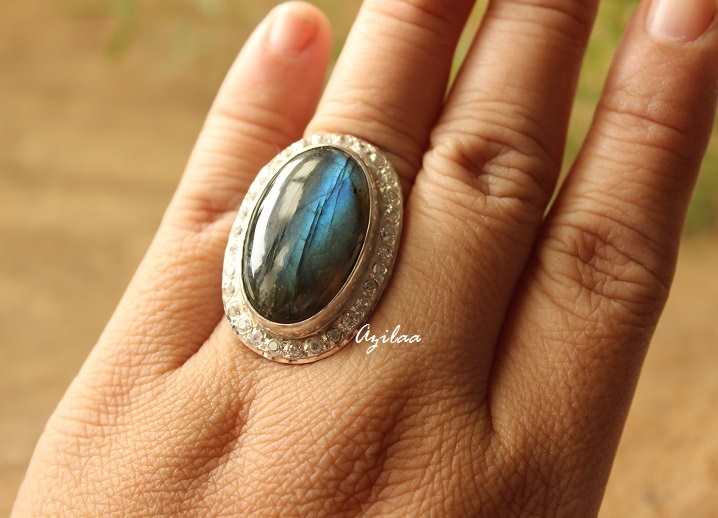 Statement blue labradorite silver gemstone handmade ring