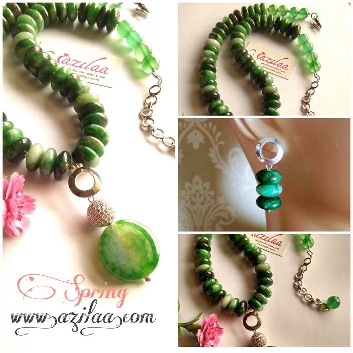 Statement designer spring GREEN gemstone silver necklace set