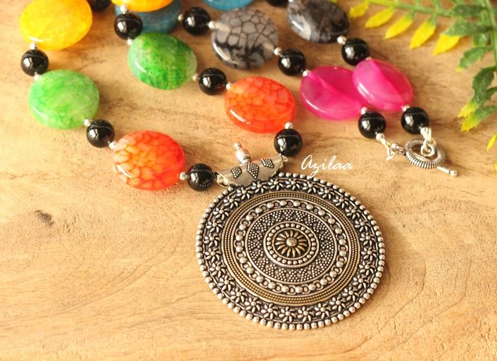 Statement dual tone pendant gemstone Multi color necklace