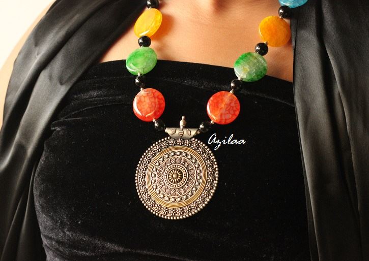 Statement dual tone pendant gemstone Multi color necklace