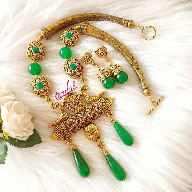 Statement green beaded gemstone ganesha necklace set