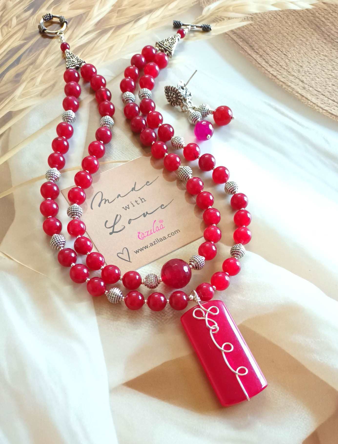 Statement maroon double layered gemstone necklace earrings set