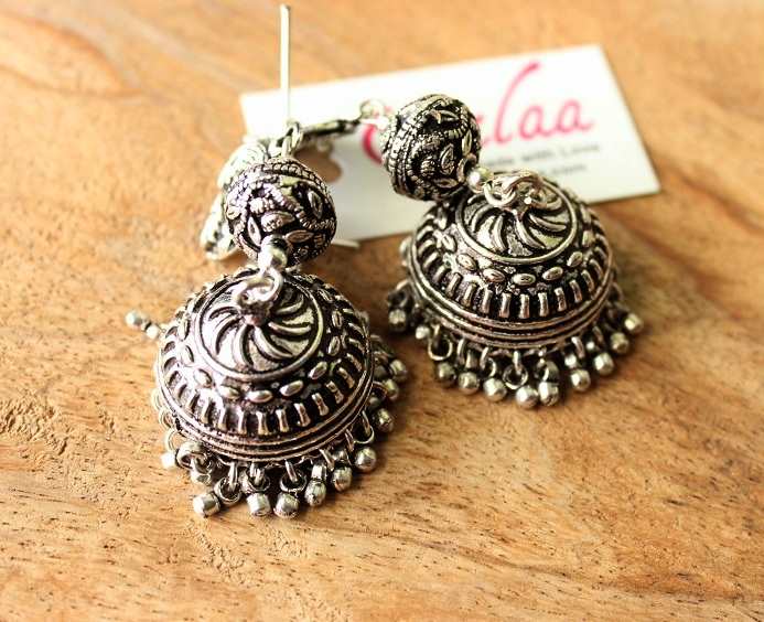 Statement peacock tassel antique silver plated earrings