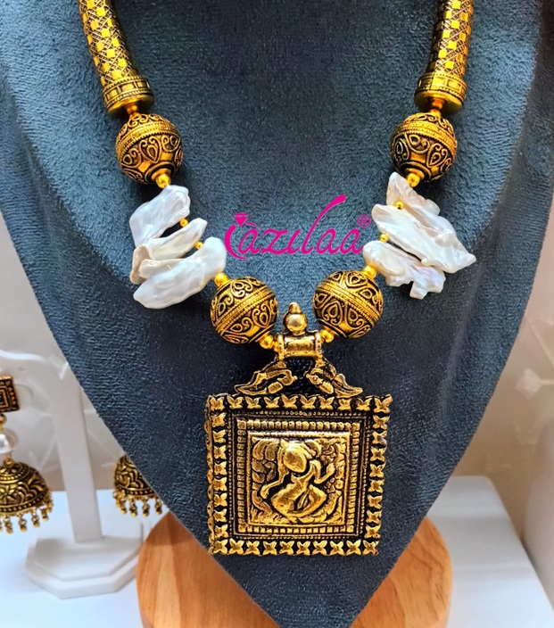 Statement pearl gemstone necklace earrings set