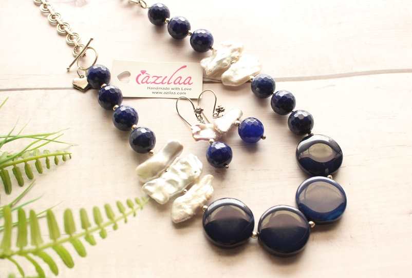 Statement pearl navy blue gemstone handmade silver necklace set