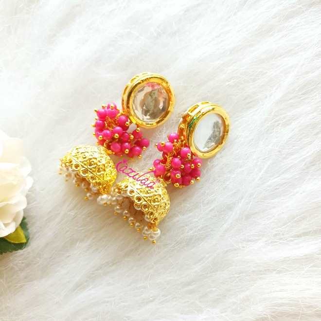 Statement pink kundan Jhumki dangler earrings