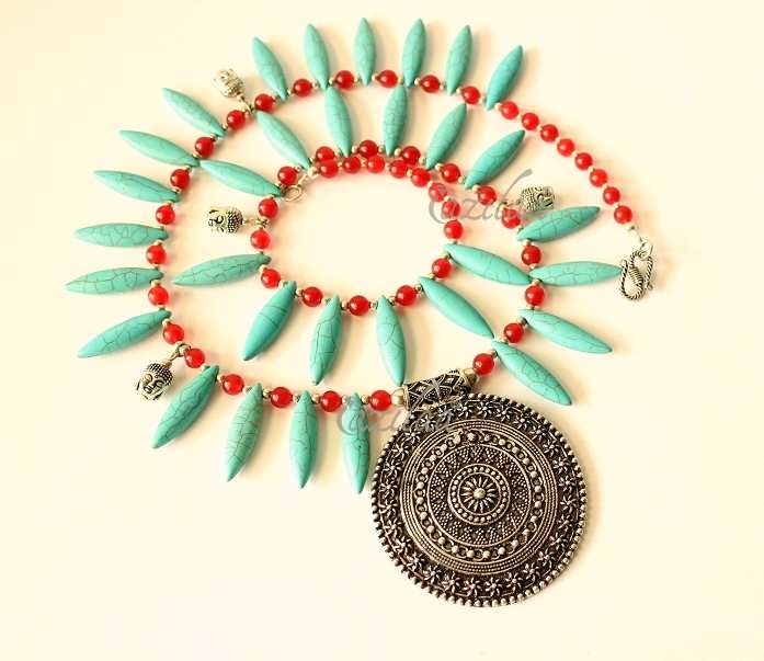 Statement tribal pendant turquoise boho handmade Buddha necklace